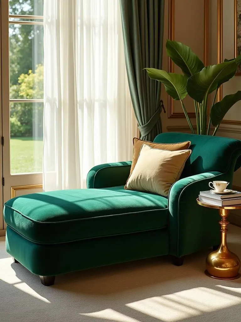 Emerald green velvet chaise lounge in a luxurious bedroom setting