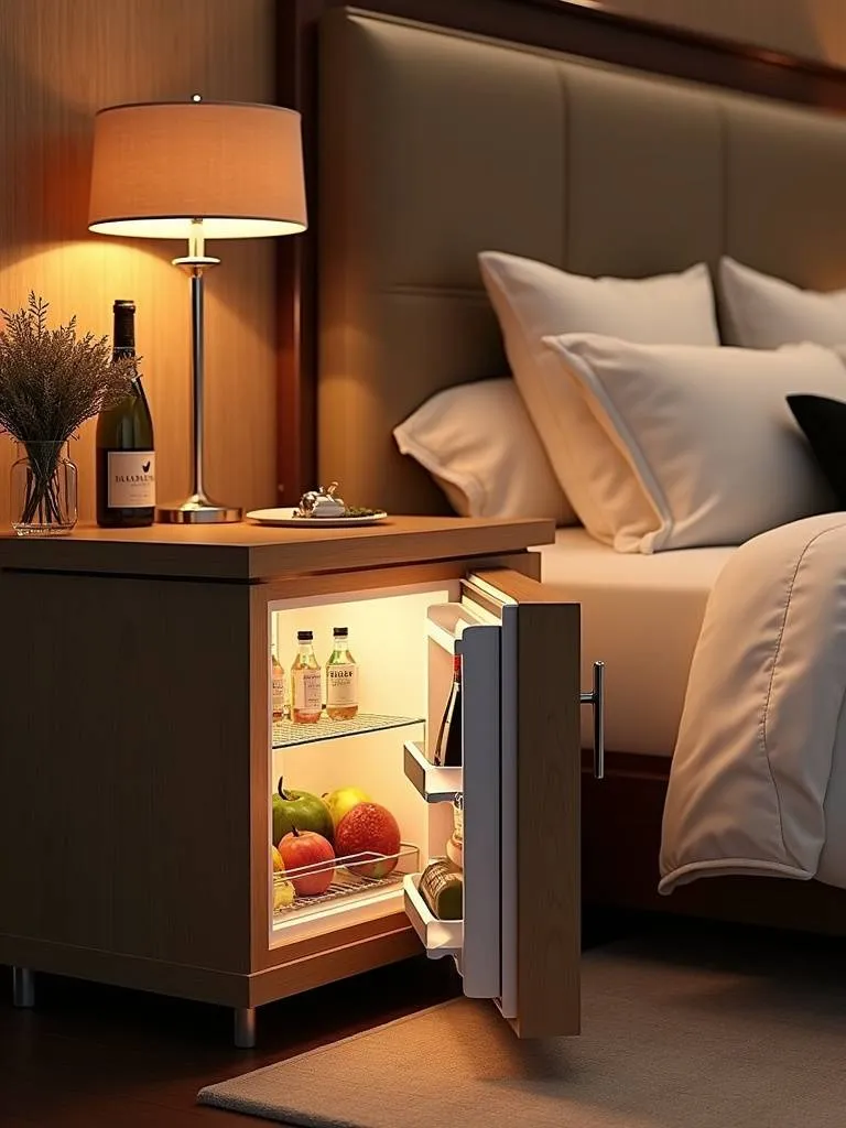 Luxury bedroom with a built-in mini refrigerator seamlessly integrated into the nightstand.