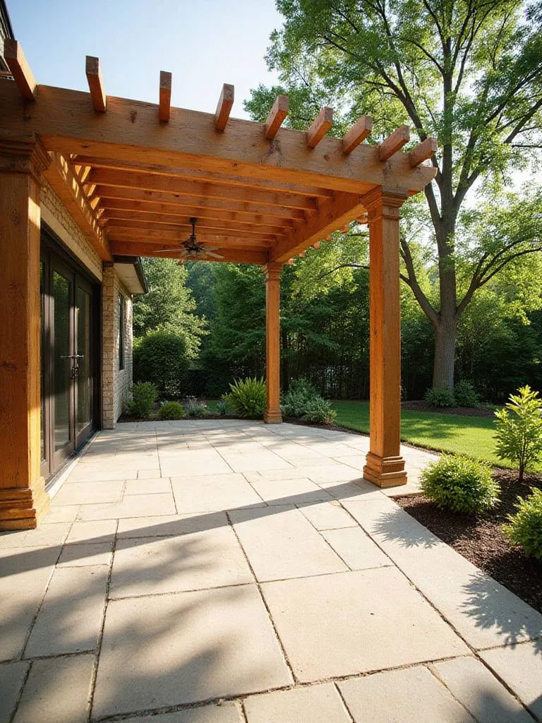 Patio with wooden pergola casting shadows on stone pavers.