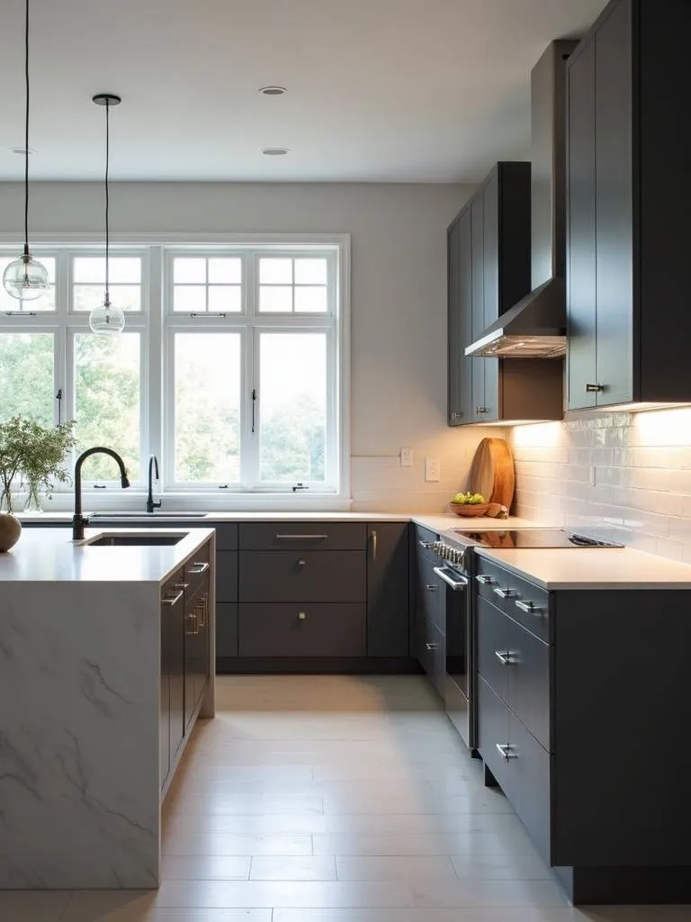 Modern kitchen with sleek dark gray slab cabinet doors and stainless steel bar pulls.