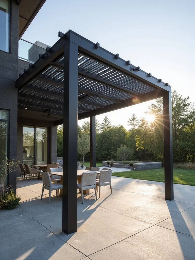 Modern patio with sleek black aluminum pergola and minimalist furniture
