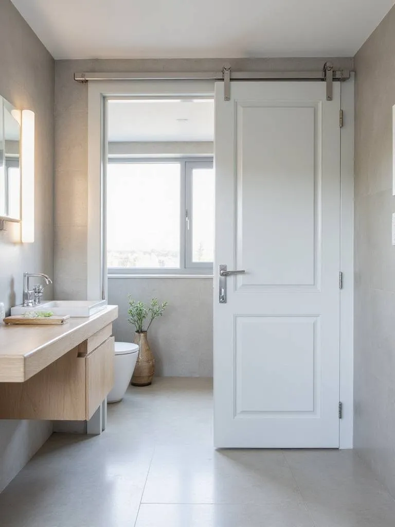 Small bathroom featuring a space-saving grey pocket door.