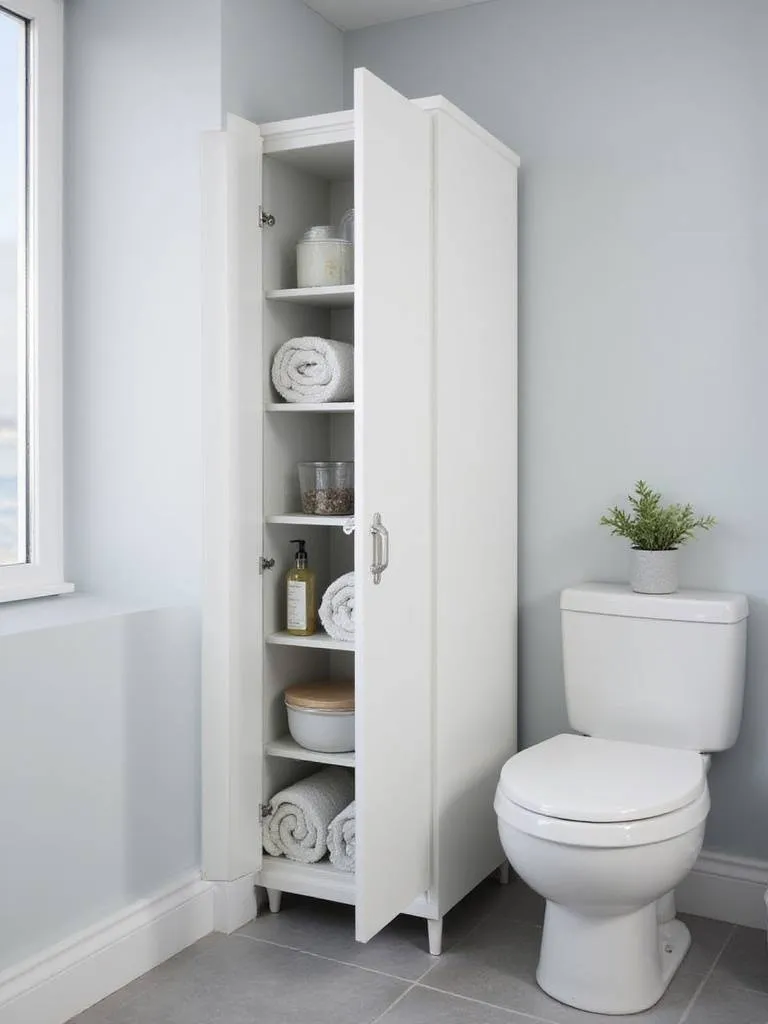 Slim white storage cabinet next to toilet in small bathroom, showcasing efficient organization.