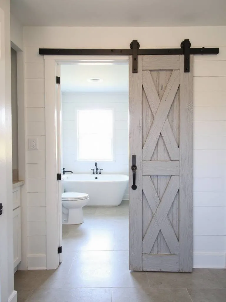 Rustic barn door bathroom entrance.