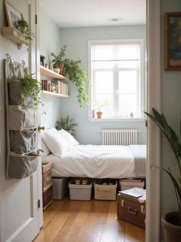 Small bedroom with smart storage solutions, including floating shelves, under-bed storage, and an over-the-door organizer.