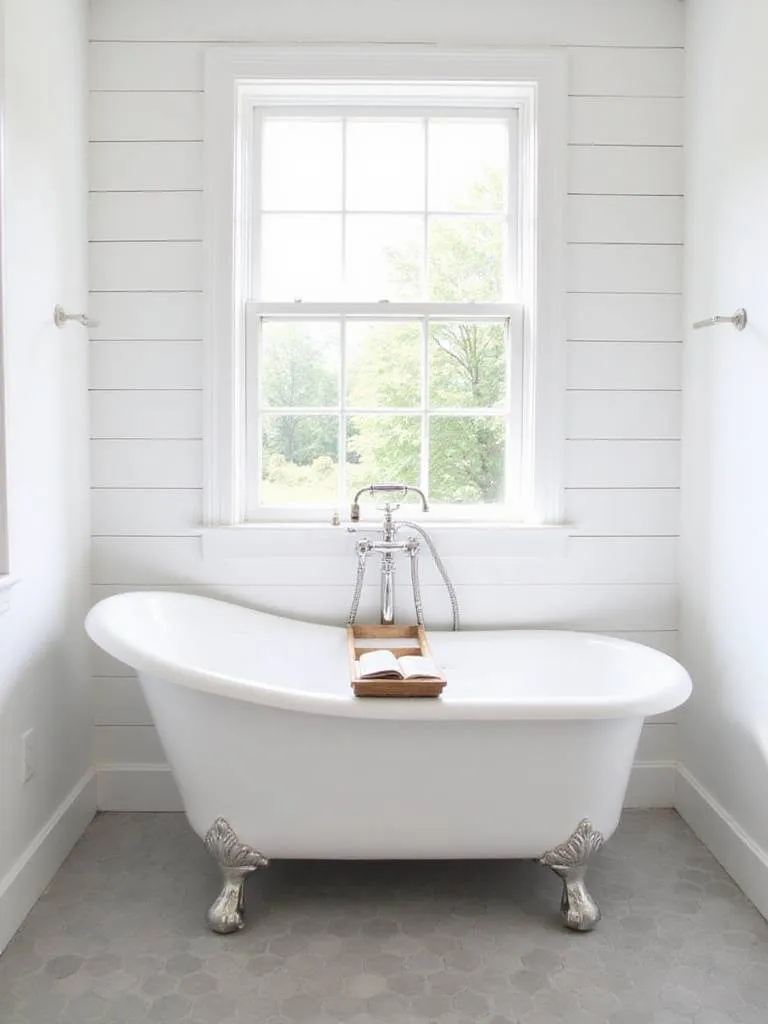 Dreamy farmhouse bathroom with a white clawfoot tub under a window.
