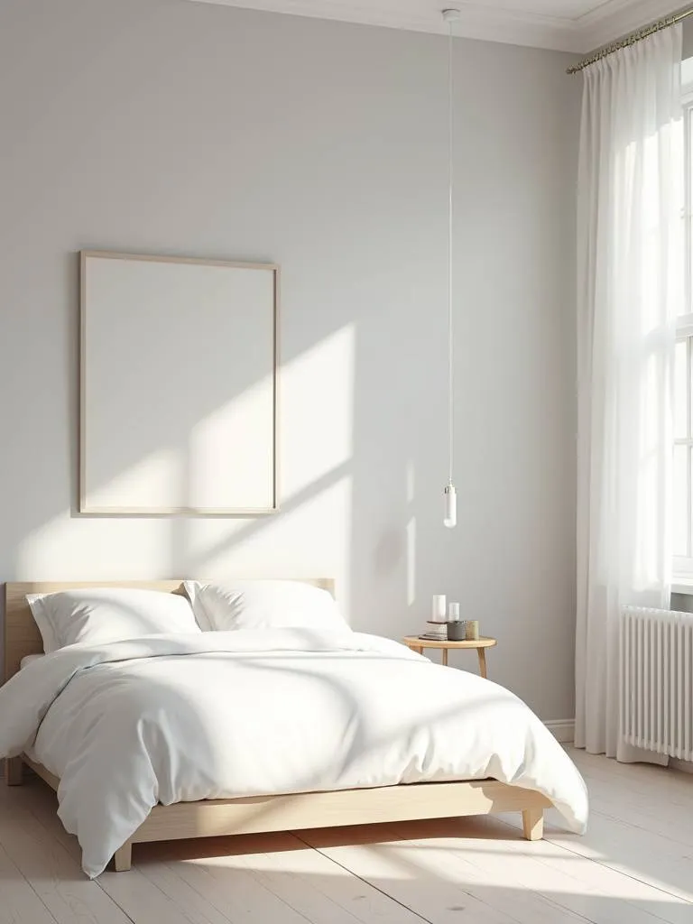 Minimalist bedroom with light grey solid color wallpaper and white linen bedding.