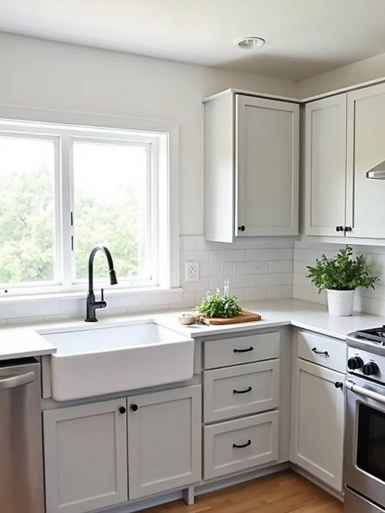 Light grey shaker cabinets in a modern kitchen with white countertops and stainless steel appliances.