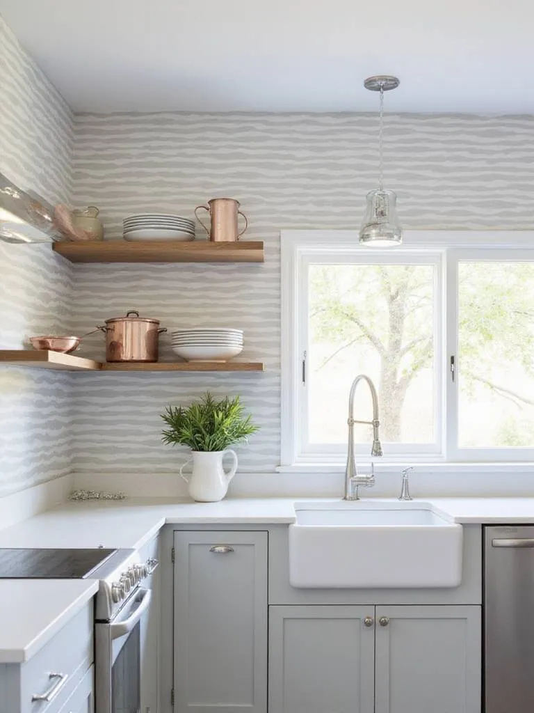 Grey and white striped wallpaper in a modern kitchen accent wall.