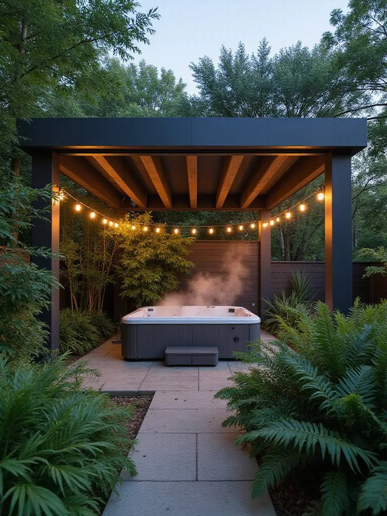 Modern pergola covering a hot tub in a backyard oasis.