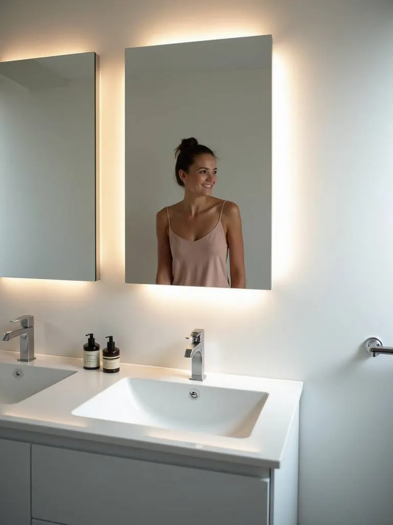 Bathroom mirror with evenly spaced vertical LED lights flanking the mirror, providing shadow-free illumination.