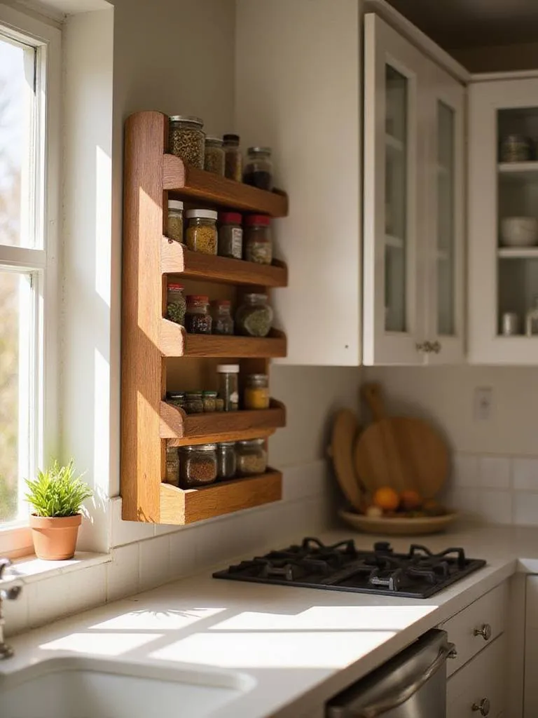 Decorative wooden spice rack filled with colorful spices mounted on a kitchen wall