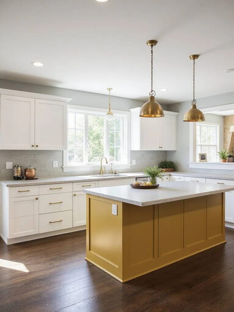 Modern farmhouse kitchen with white cabinets and mustard yellow island.
