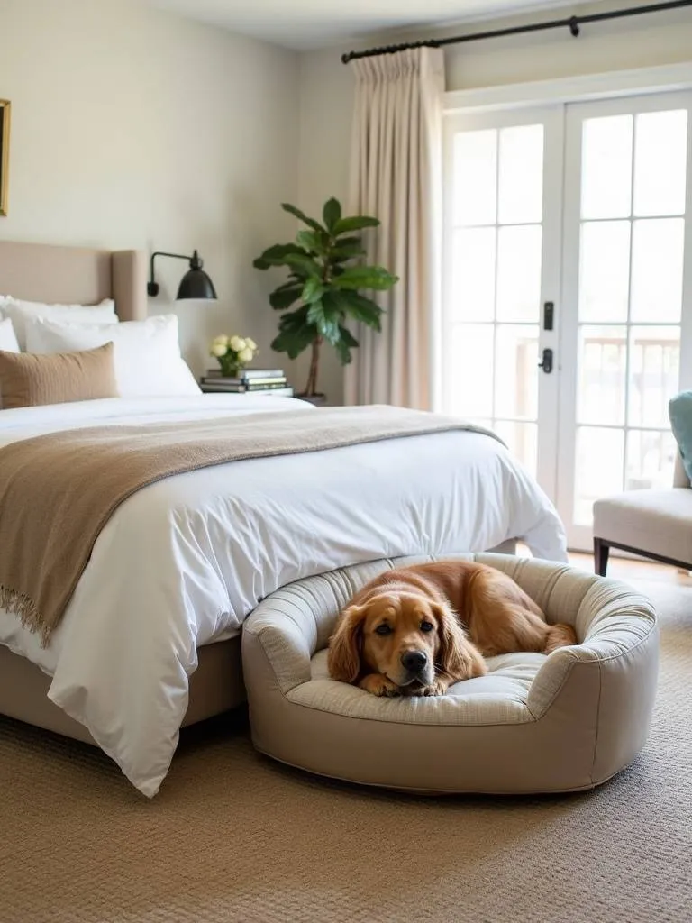 Luxury bedroom with matching designer pet bed and king-size bed, showcasing a golden retriever comfortably sleeping in the pet bed.