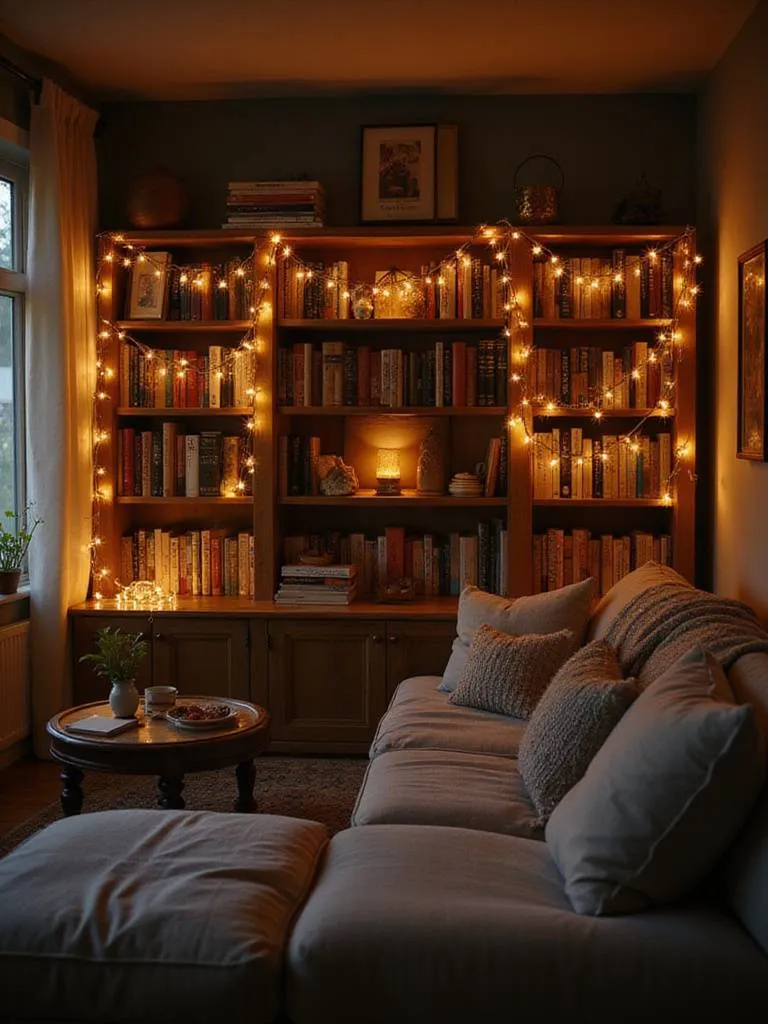 Cozy living room with warm fairy lights draped across a bookshelf.