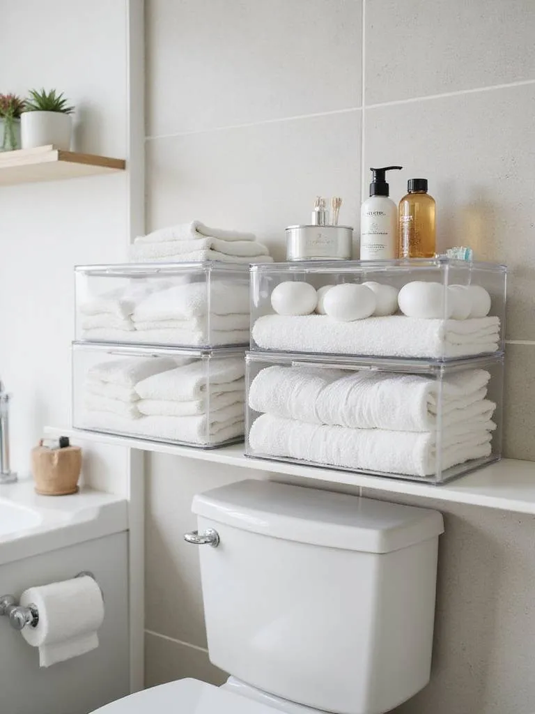 Stackable clear containers on bathroom shelf for efficient storage of towels and toiletries.