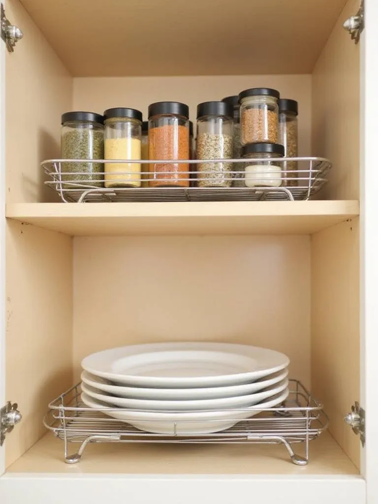 Organized kitchen cabinet with stackable shelves doubling storage space for plates and spices.