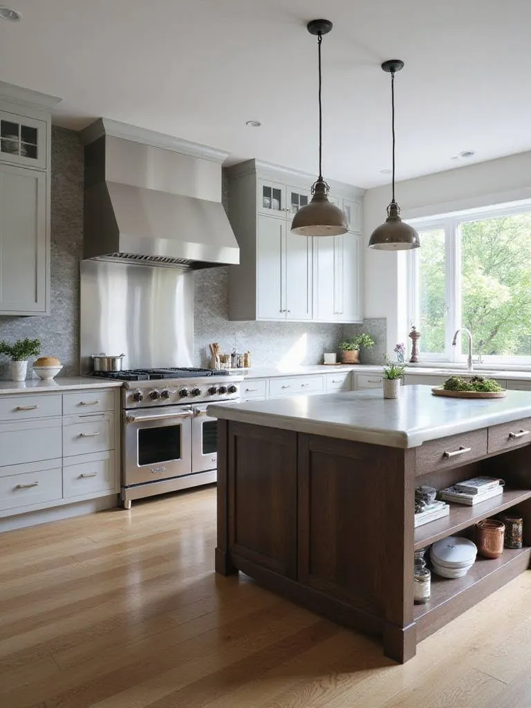 Modern kitchen design with stainless steel appliances, backsplash, and hardware accents.