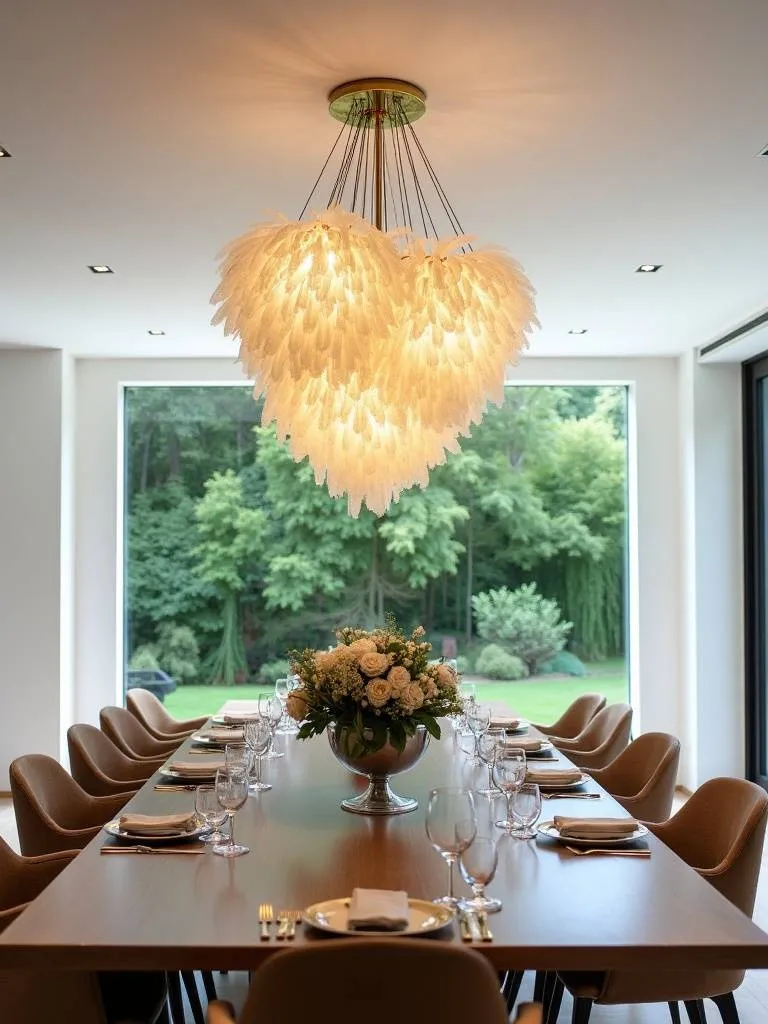 Dining room with statement brass and glass chandelier above a wooden table.