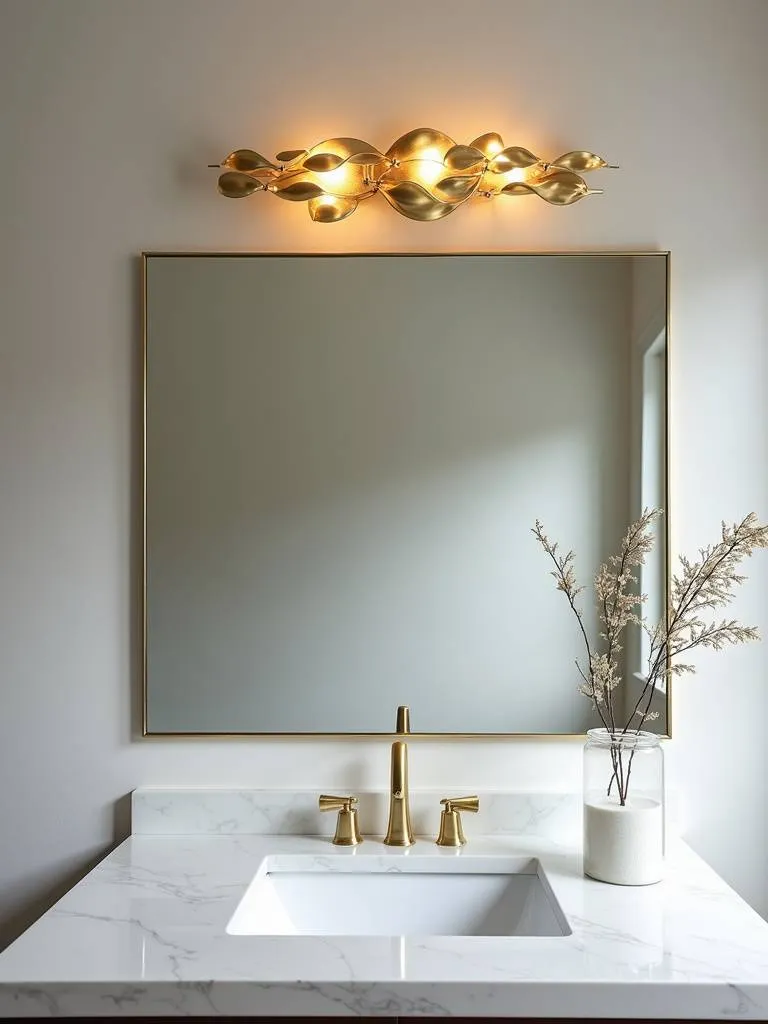 Modern bathroom with statement lighting: a sculptural brass sconce above a mirror.