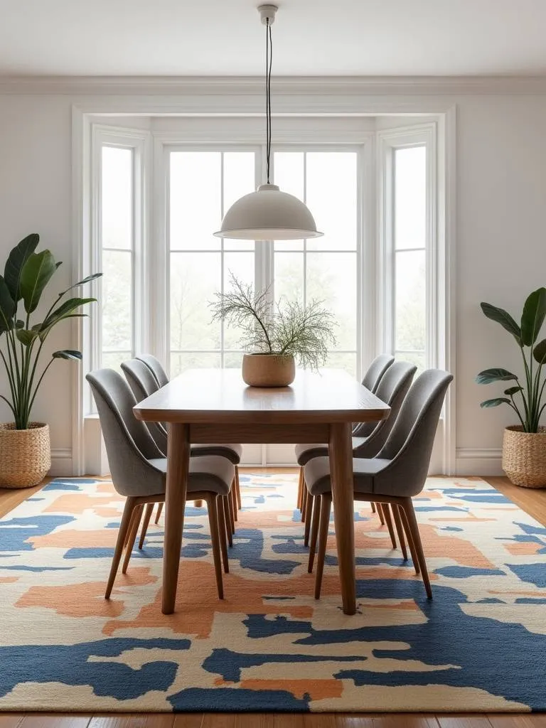Dining room with a large geometric statement rug under a wooden dining table and upholstered chairs.