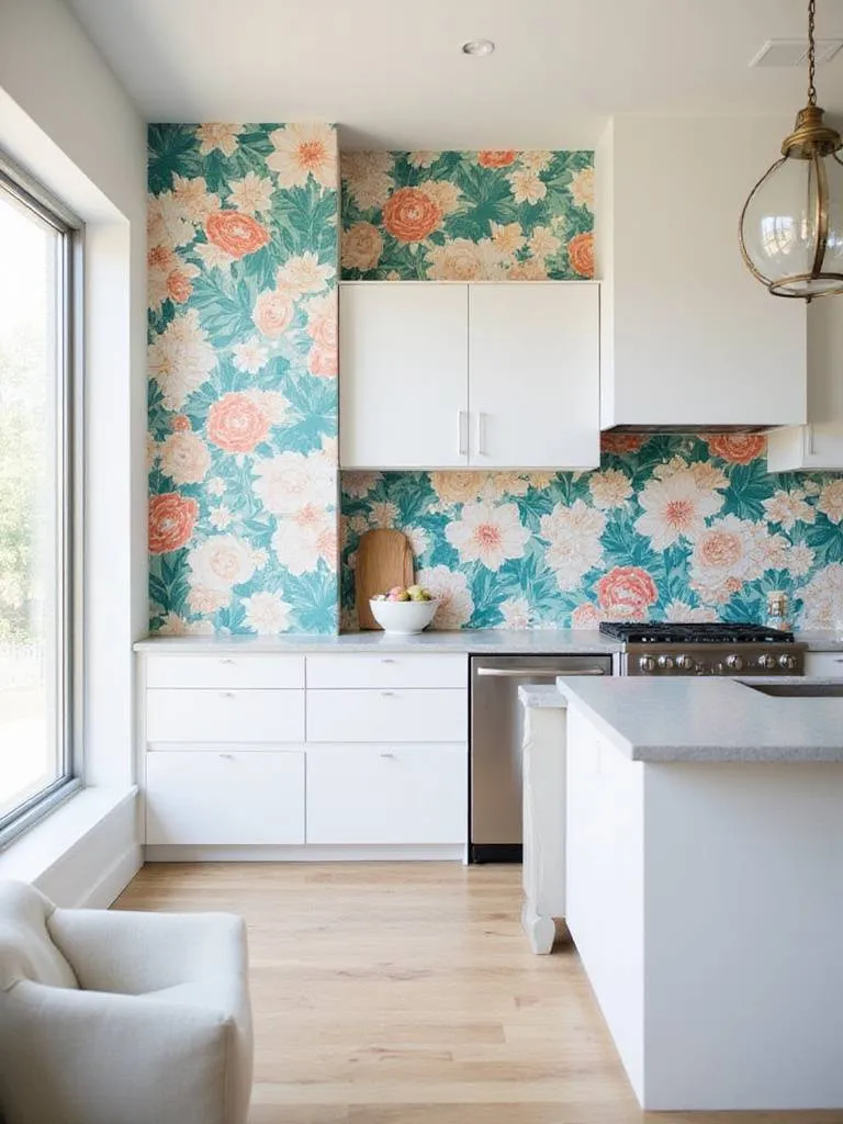 Modern kitchen with a floral statement wallpaper accent wall
