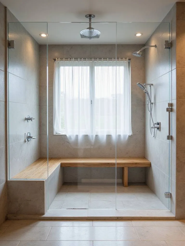Modern bathroom with a spacious walk-in shower featuring stone tiles, rainfall showerhead, and curbless entry.