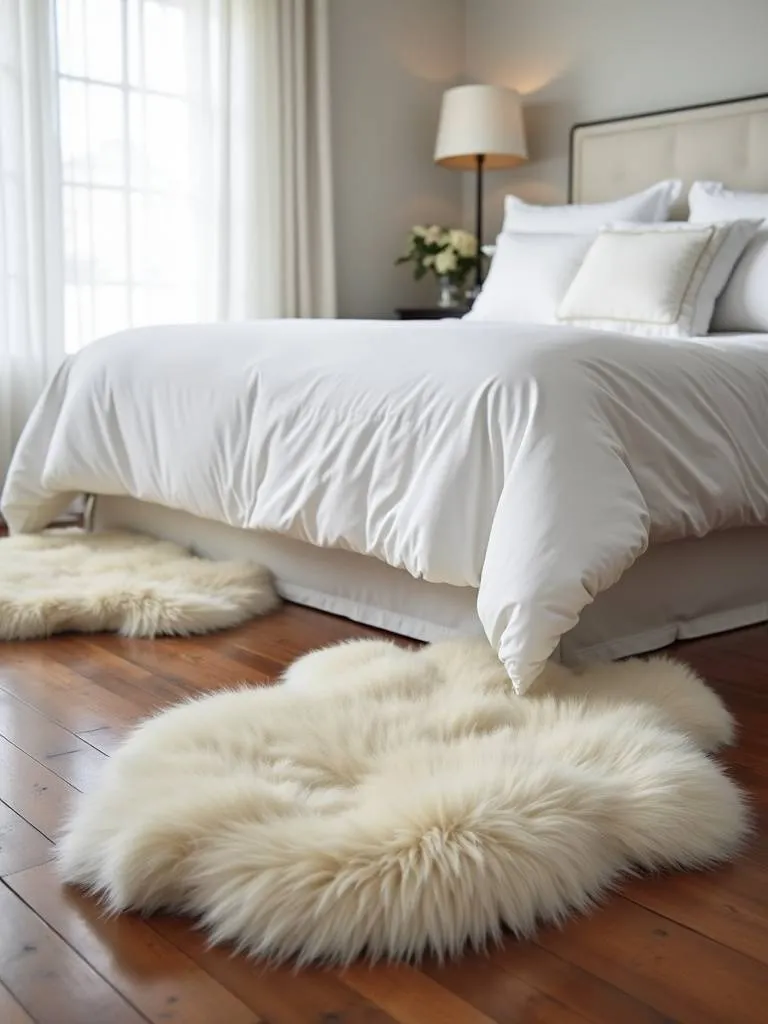 Luxury bedroom with premium sheepskin rugs beside the bed