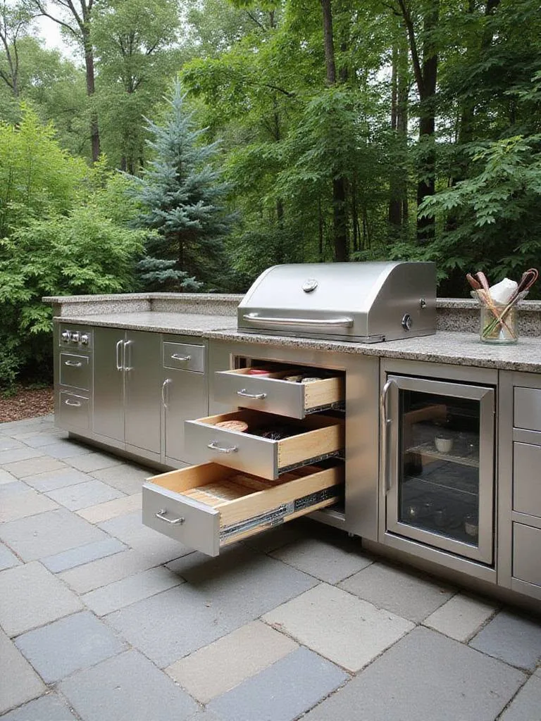 Outdoor kitchen featuring smart storage solutions including stainless steel cabinets and pull-out drawers.