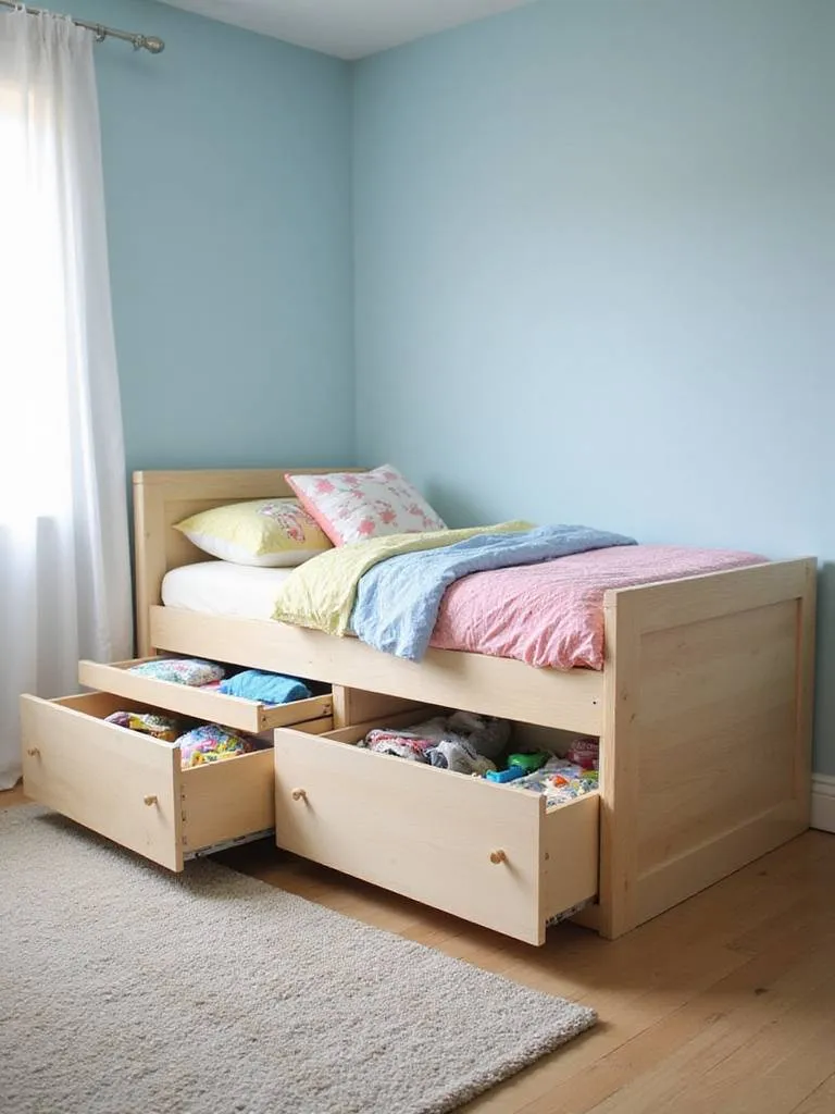 Kid's bedroom with a platform bed featuring multiple drawers for built-in storage, maximizing space and organization.
