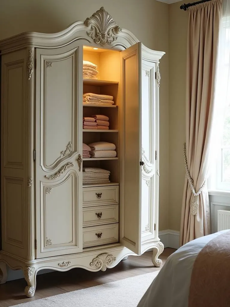 Antique-inspired armoire storing linens and jewelry in a luxury bedroom.