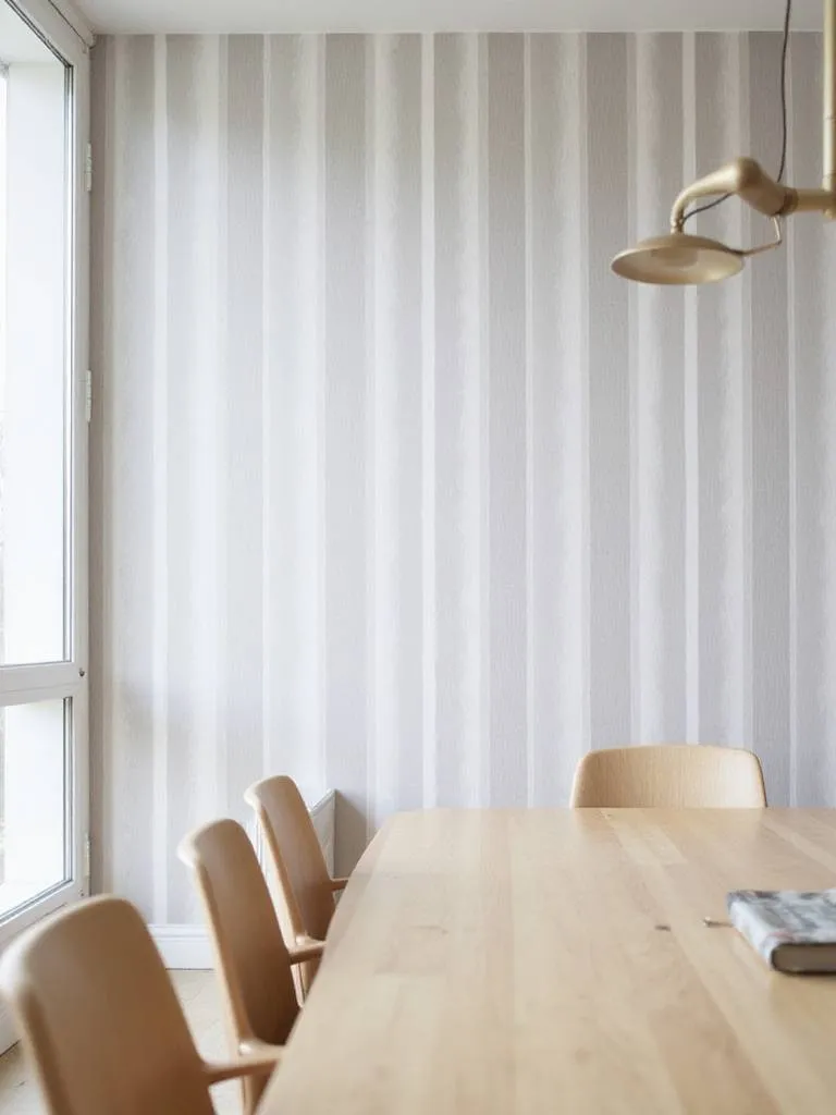 Modern dining room with gray and white striped wallpaper
