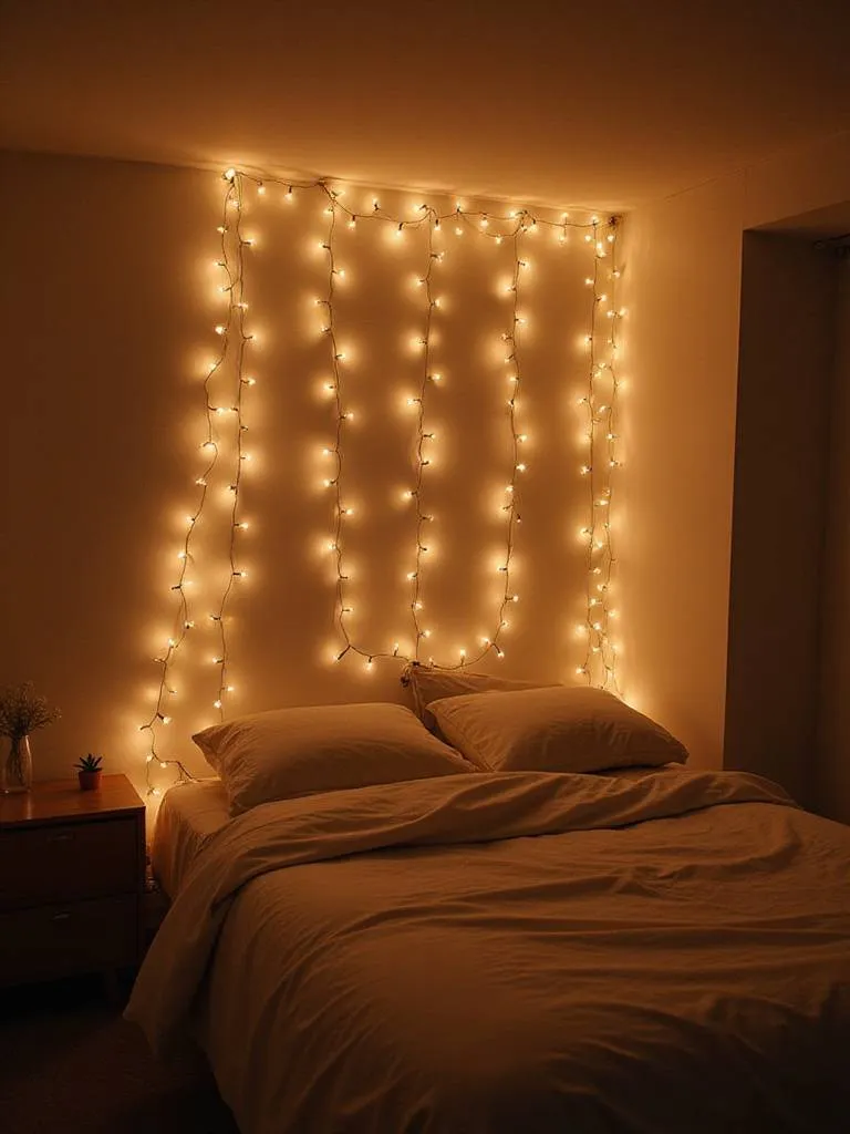 Bedroom with string lights creating a cozy and relaxing atmosphere.