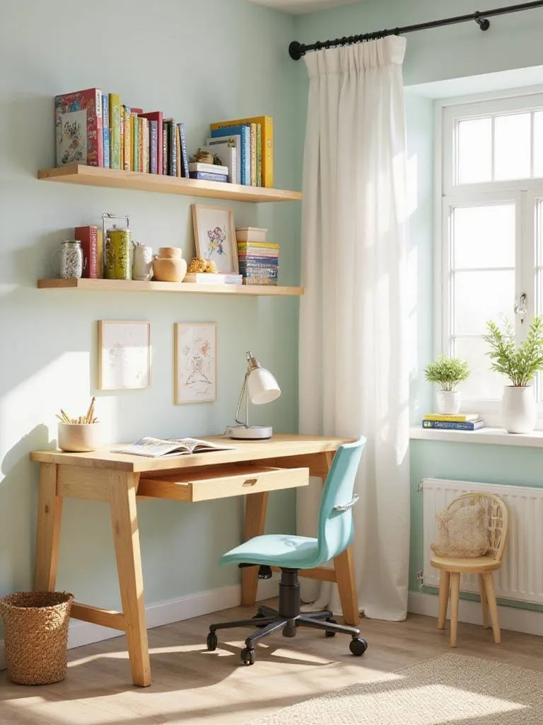Children's bedroom with a dedicated study zone featuring a light wood desk and organized bookshelves.