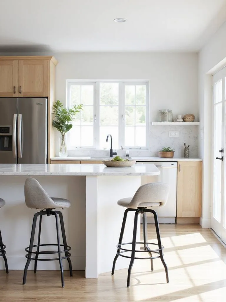 Modern kitchen island with minimalist bar stools featuring matte black metal frames and light gray fabric seats.