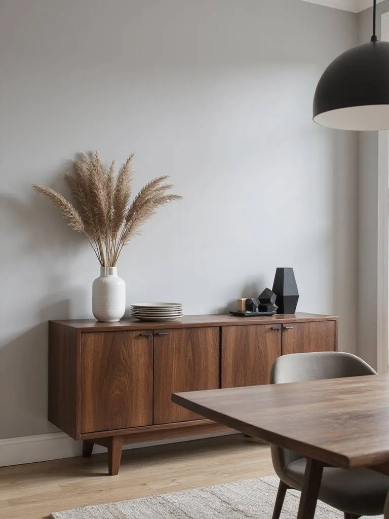 Dining room with a stylish walnut sideboard displaying decorative items and serving ware.