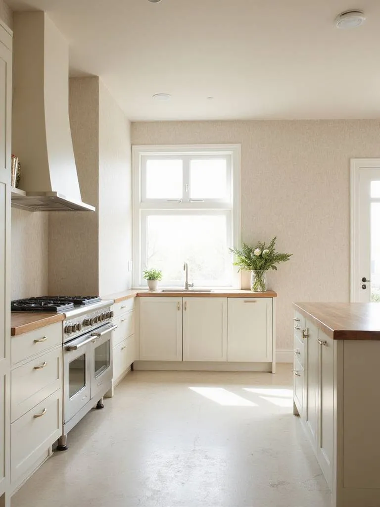 Kitchen with subtle beige linen textured wallpaper and white shaker cabinets.