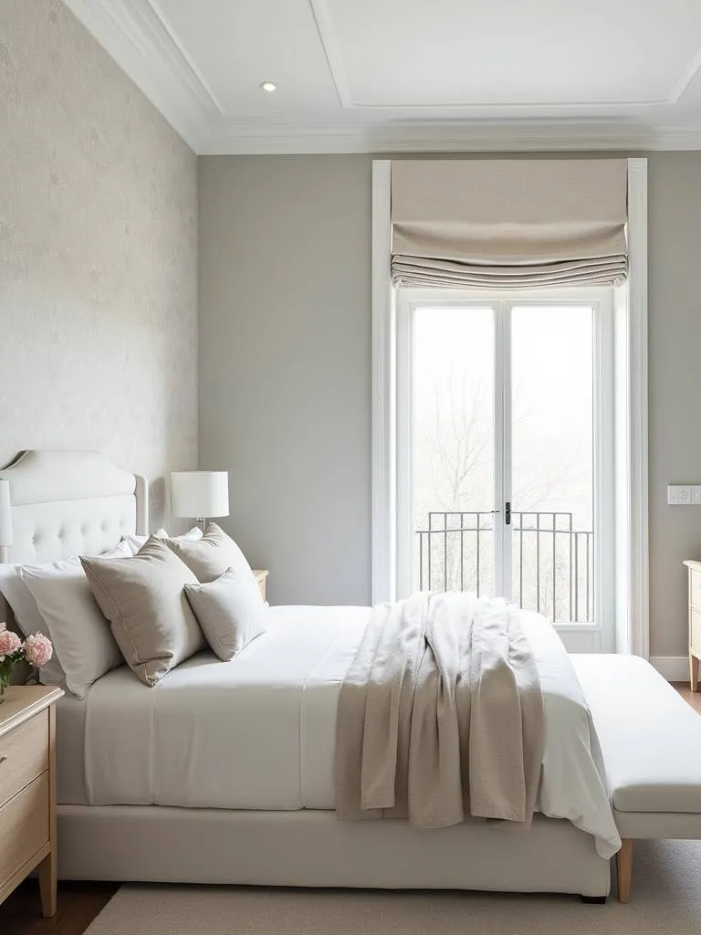 Light gray damask wallpaper in a serene master bedroom.