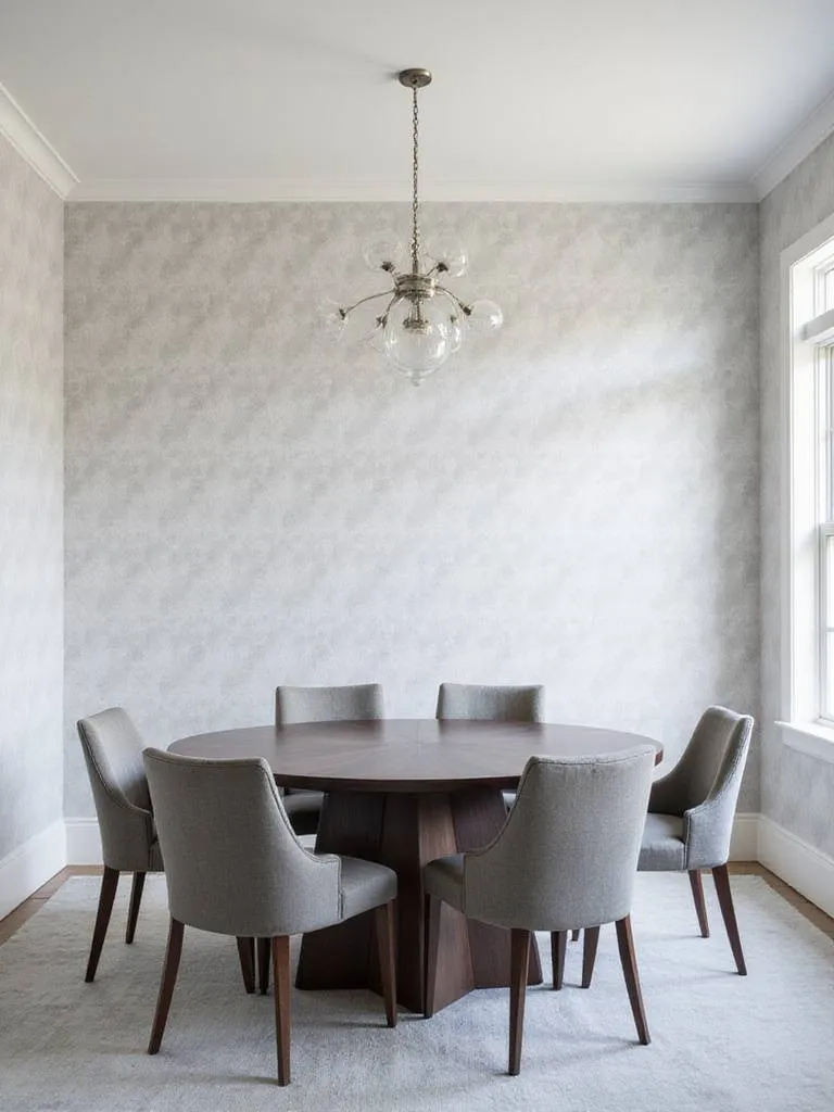Elegant dining room with subtle gray damask wallpaper.