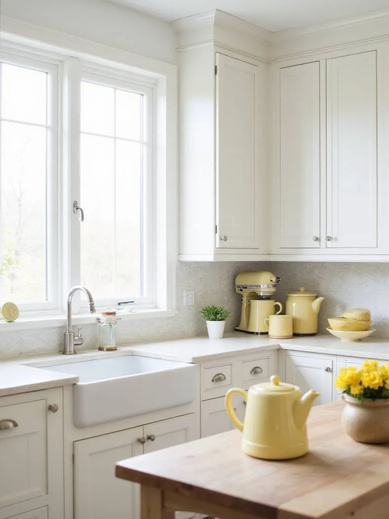 Bright kitchen with white cabinets and pale yellow accents, including a stand mixer and tea kettle.