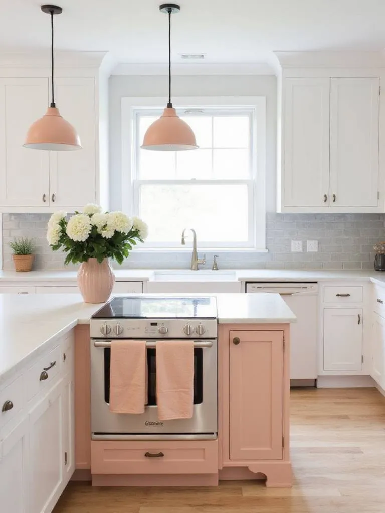 Bright kitchen with white cabinets, peach island and accents.