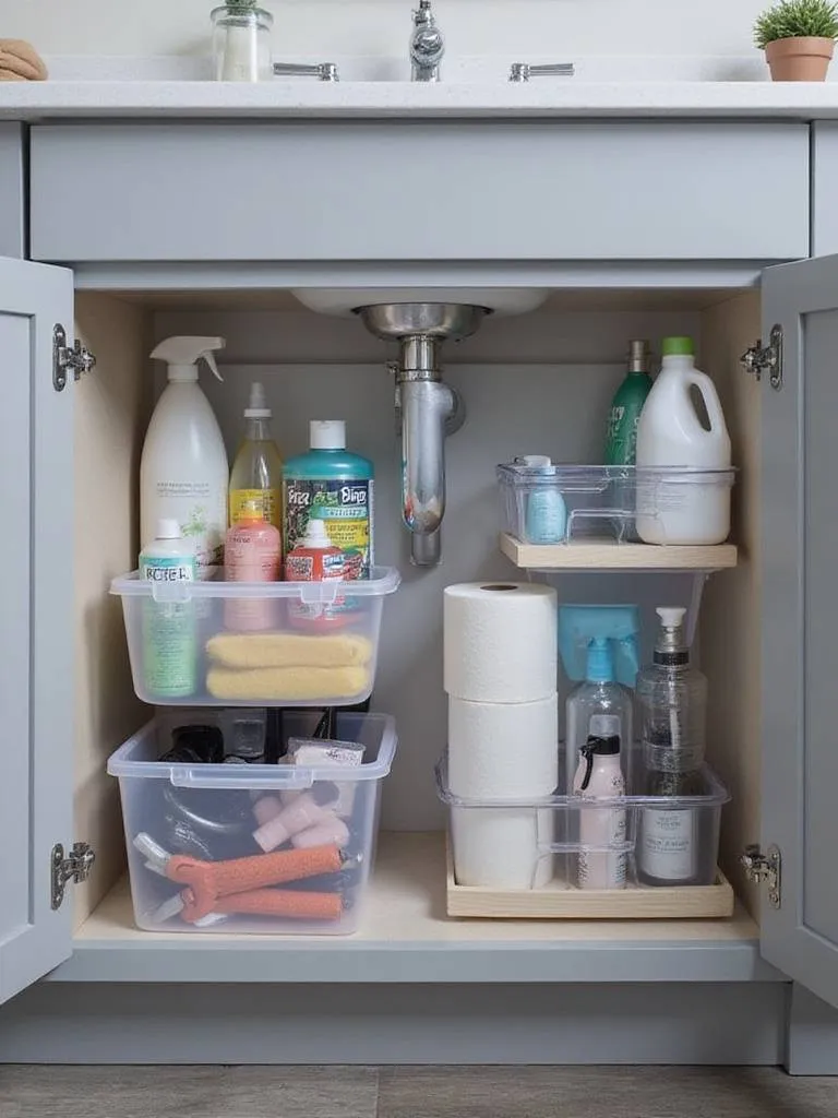 Organized under-sink bathroom cabinet with tiered drawers, clear plastic bins, and tension rod for spray bottles.