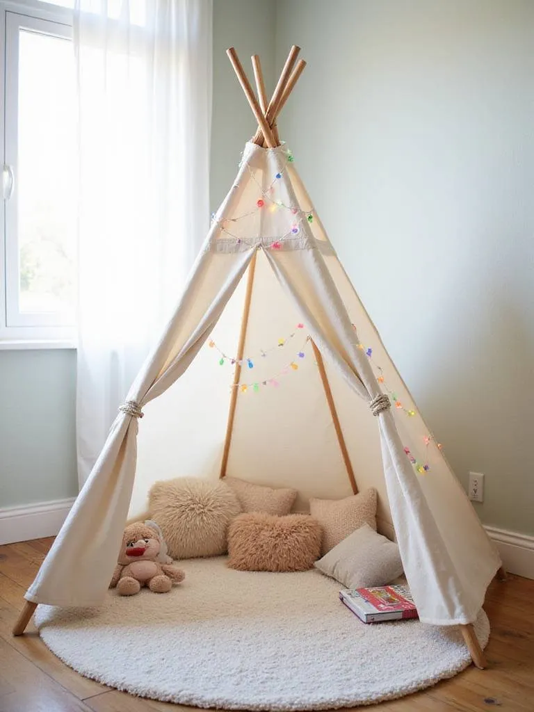 Child's bedroom with teepee play tent decorated with fairy lights and pillows.