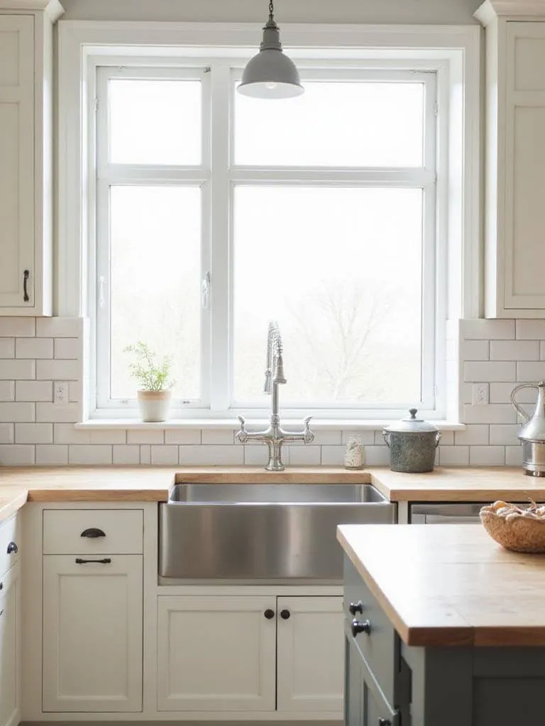Farmhouse kitchen with white subway tile backsplash and butcher block countertops