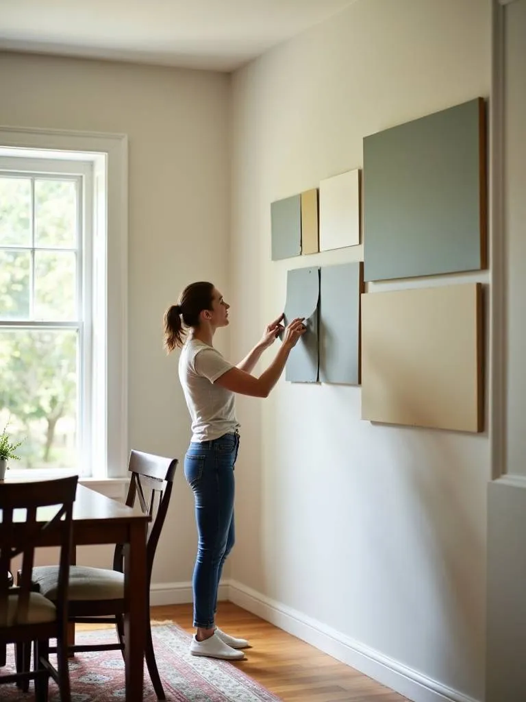 Testing paint samples on a dining room wall before painting the entire room.
