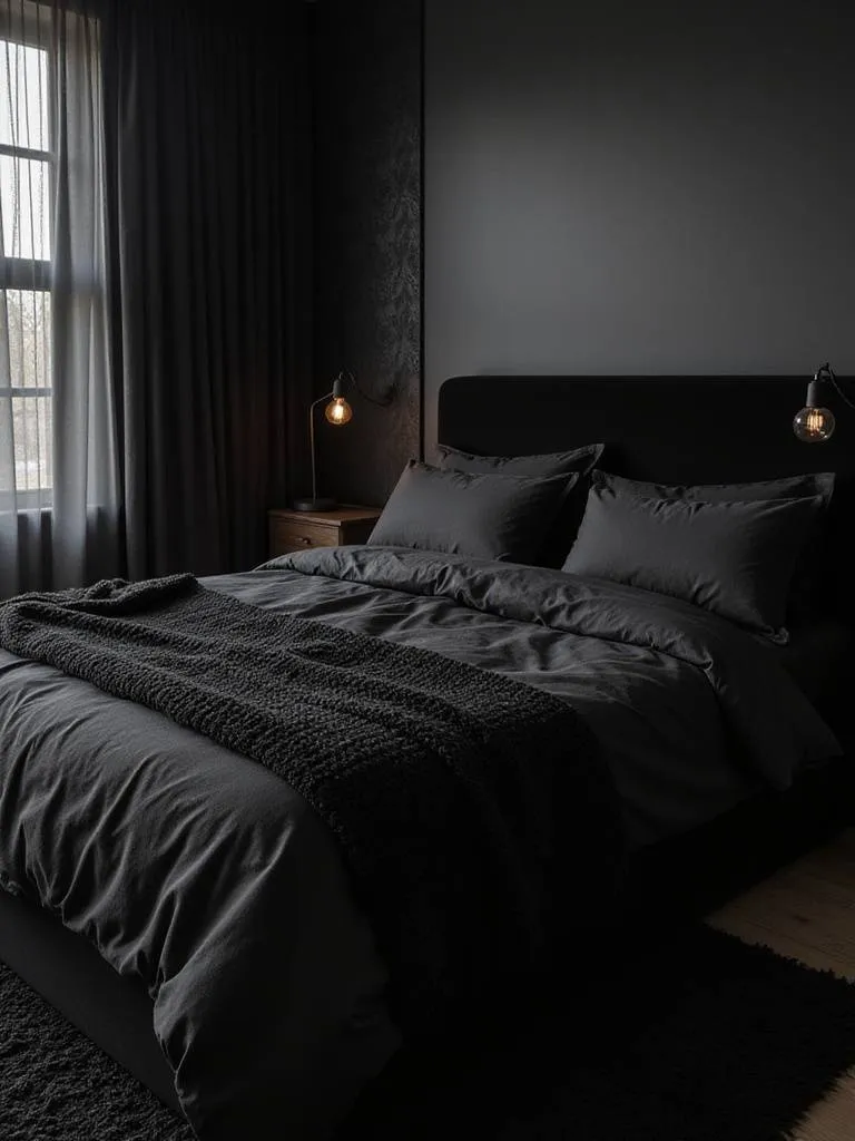 Black bedroom with layered textures including velvet headboard, linen bedding, knit throw, and shag rug.