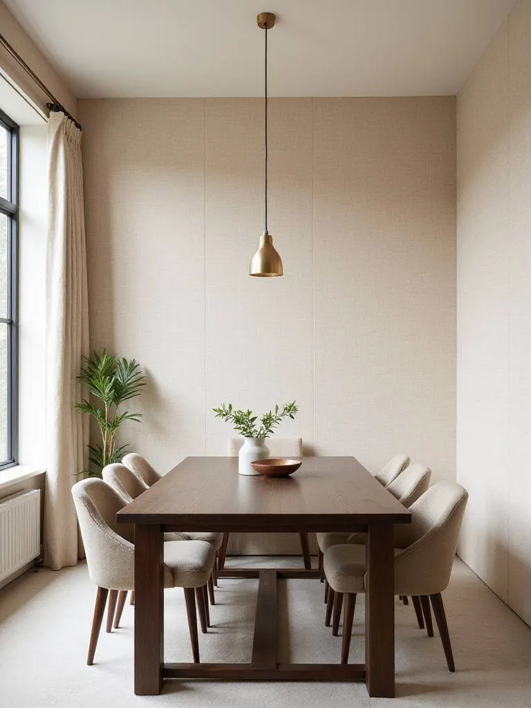 Dining room with beige linen wallpaper and dark wood dining table