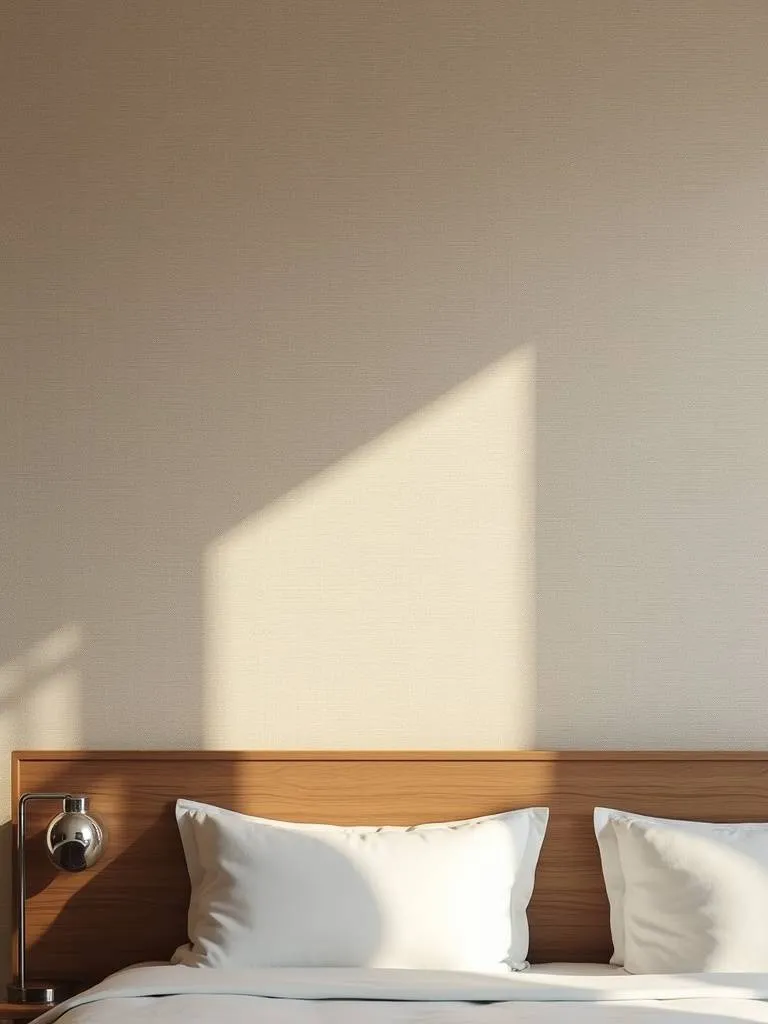Bedroom accent wall with textured grasscloth wallpaper and modern headboard.