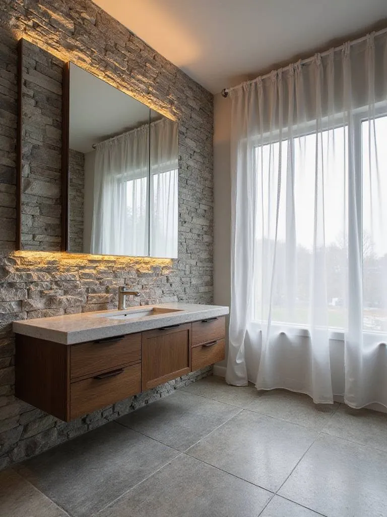 Modern bathroom with textured stone tile accent wall