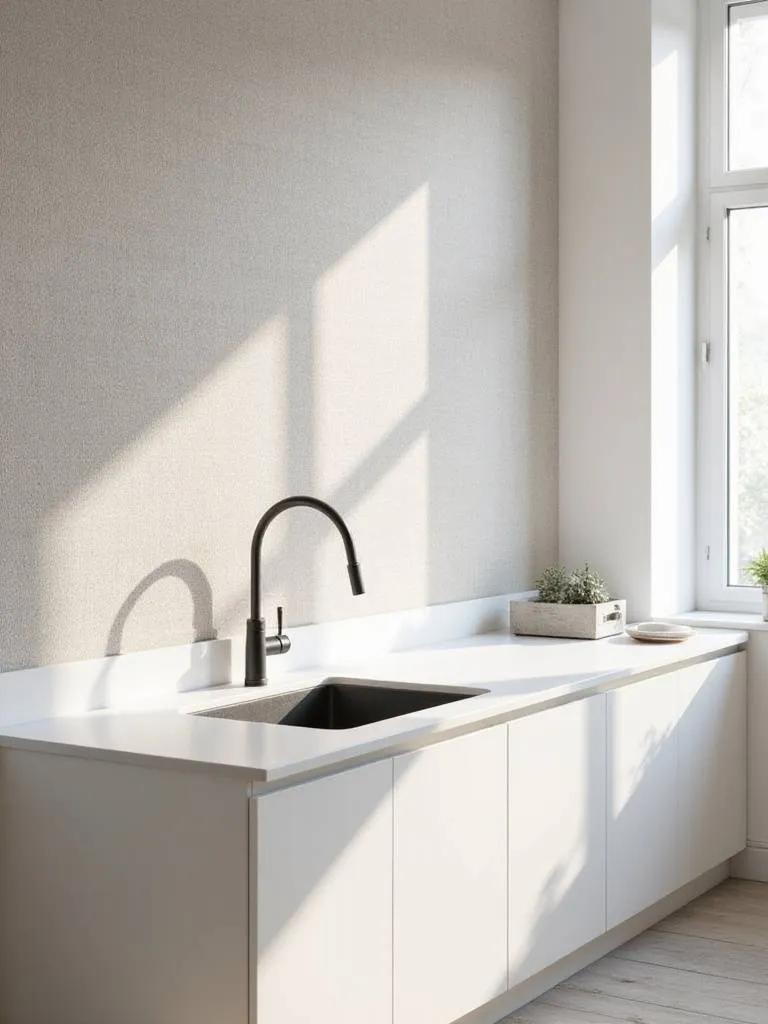 Neutral textured linen effect wallpaper in a modern kitchen